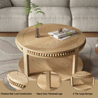 31.5" Round Solid Wood Coffee Table — Two-Tier Shelf, Natural Finish