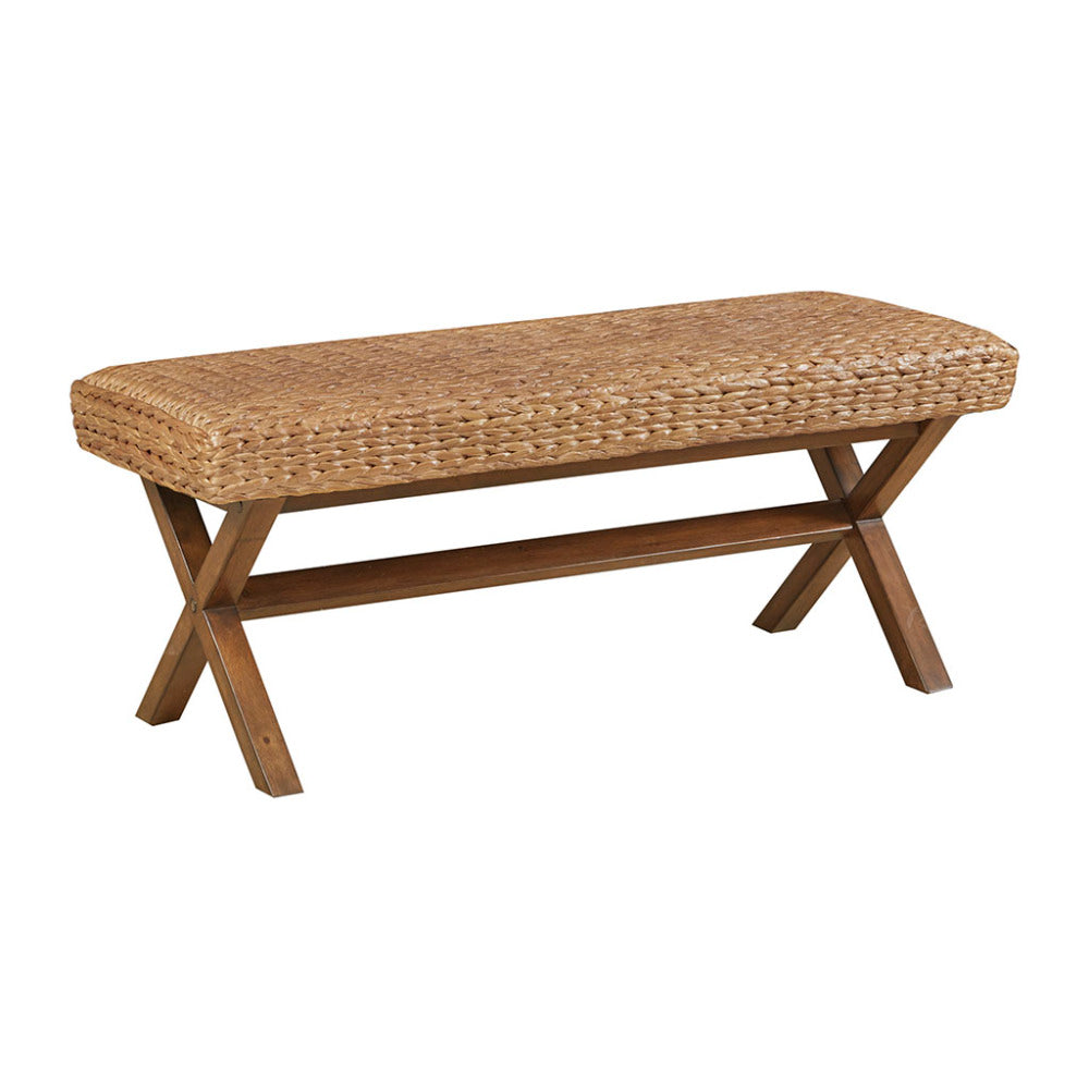 Woven Water Hyacinth Bench | Chestnut Mahogany Legs, 400 lb Capacity