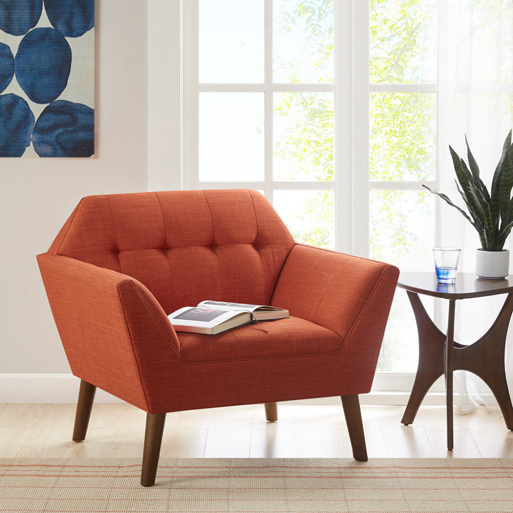 Mid-Century Modern Lounge Chair | Button Tufted, Pecan Legs, 300 lb Capacity