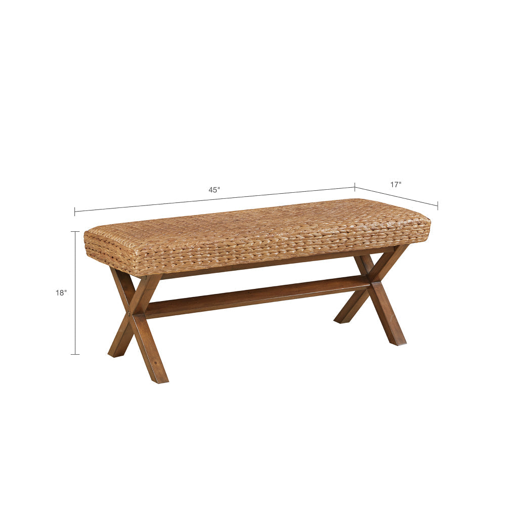 Woven Water Hyacinth Bench | Chestnut Mahogany Legs, 400 lb Capacity