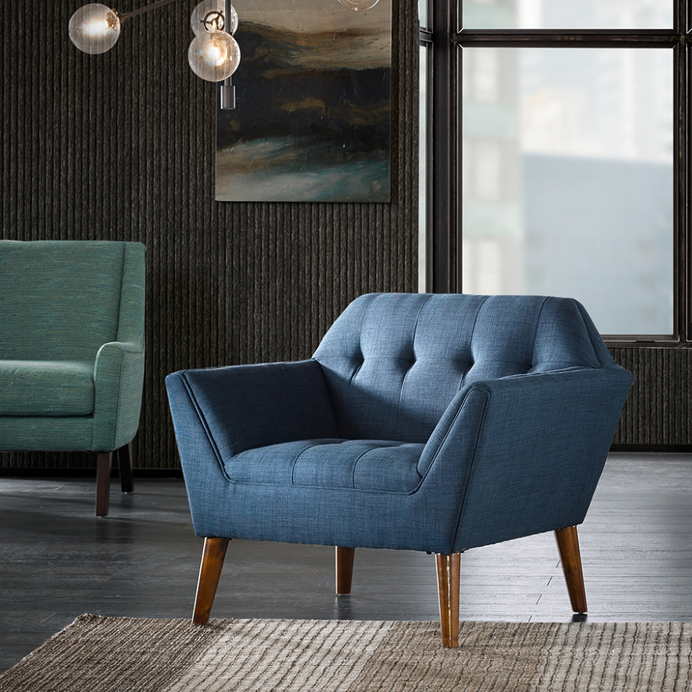 Mid-Century Modern Lounge Chair | Button Tufted, Pecan Legs, 300 lb Capacity