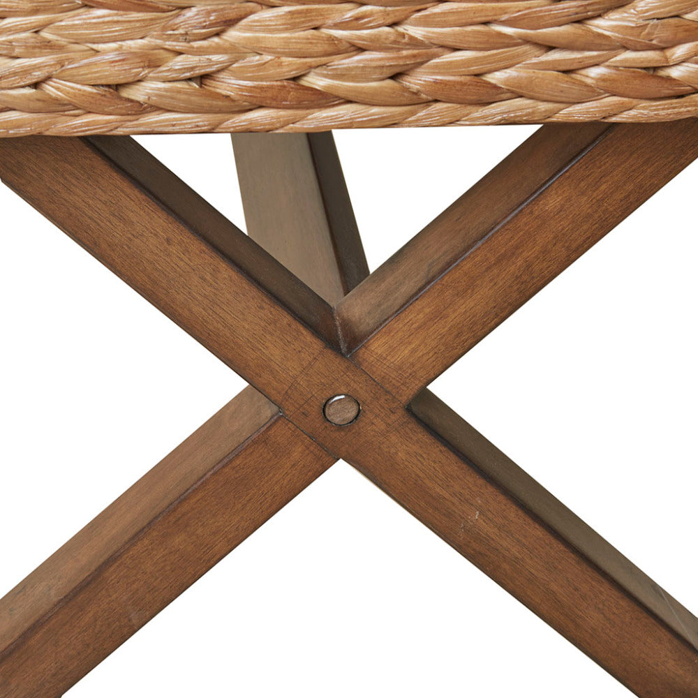Woven Water Hyacinth Bench | Chestnut Mahogany Legs, 400 lb Capacity
