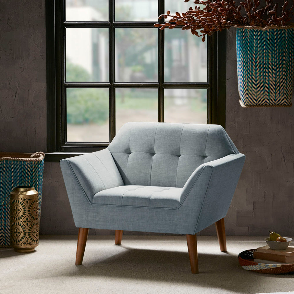 Mid-Century Modern Lounge Chair | Button Tufted, Pecan Legs, 300 lb Capacity