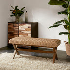 Woven Water Hyacinth Bench | Chestnut Mahogany Legs, 400 lb Capacity