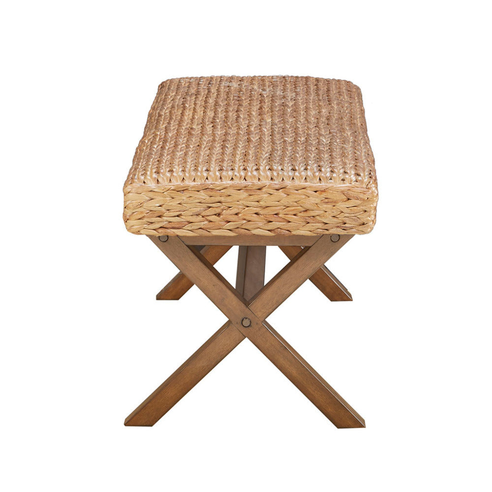Woven Water Hyacinth Bench | Chestnut Mahogany Legs, 400 lb Capacity