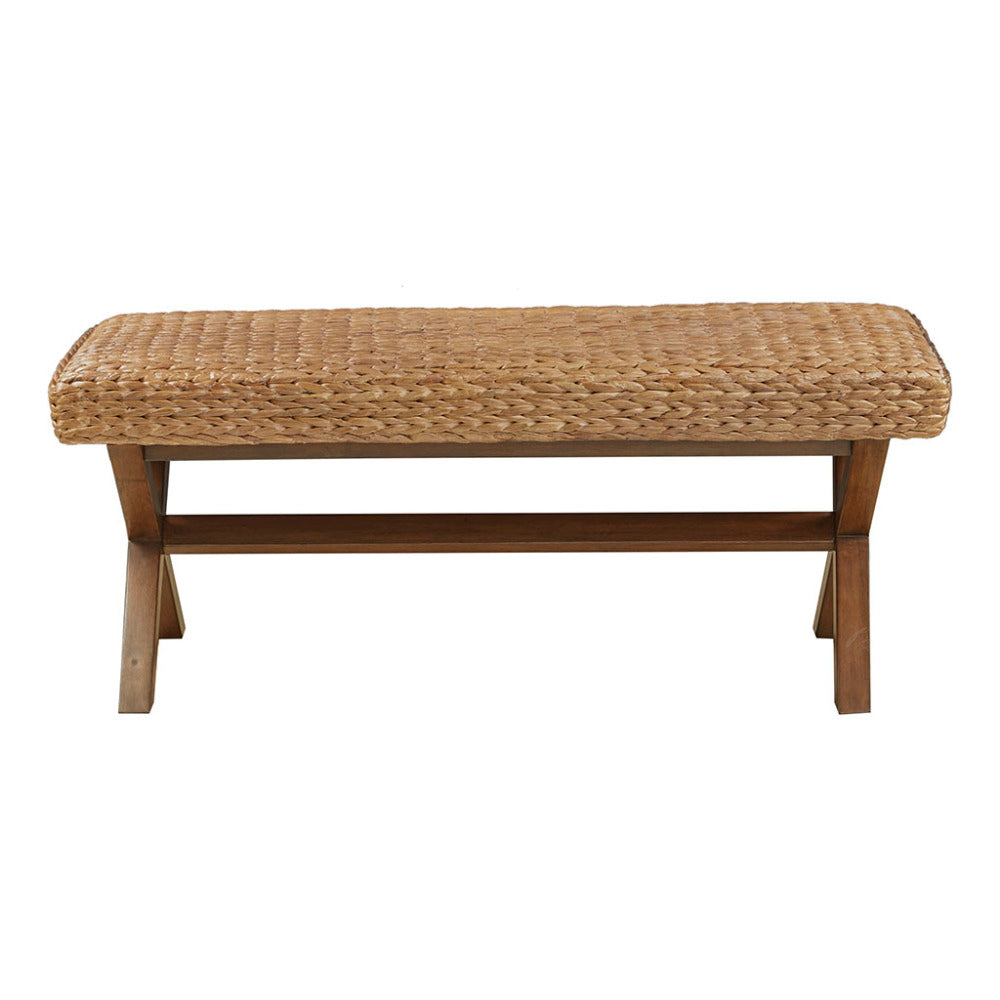 Woven Water Hyacinth Bench | Chestnut Mahogany Legs, 400 lb Capacity