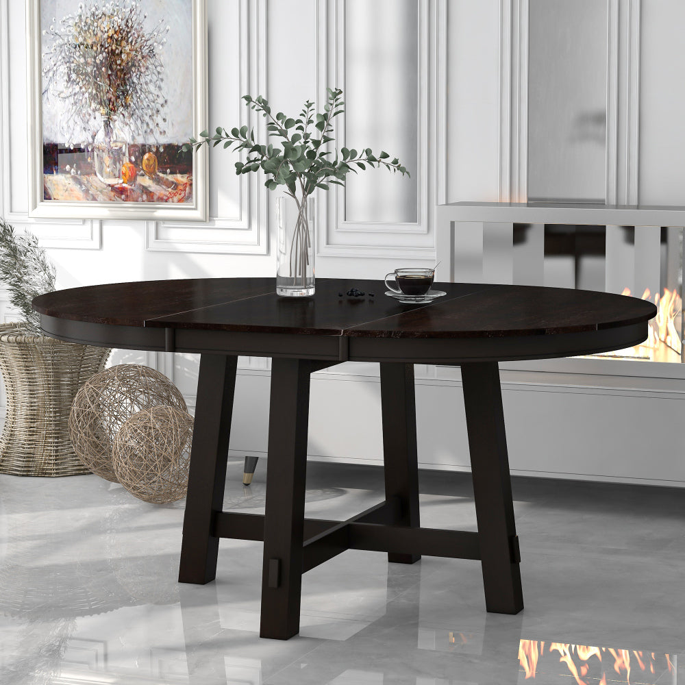 Vistaro Extendable Round Farmhouse Dining Table — Wood Grain / Black