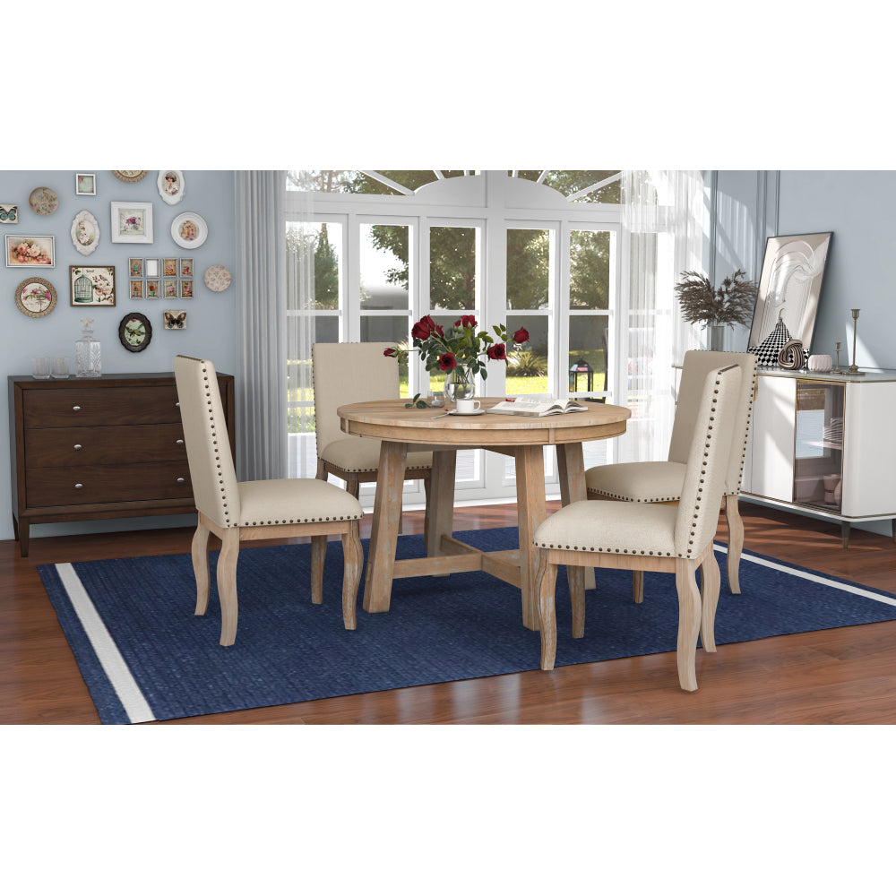 Vistaro Extendable Round Farmhouse Dining Table — Wood Grain / Black
