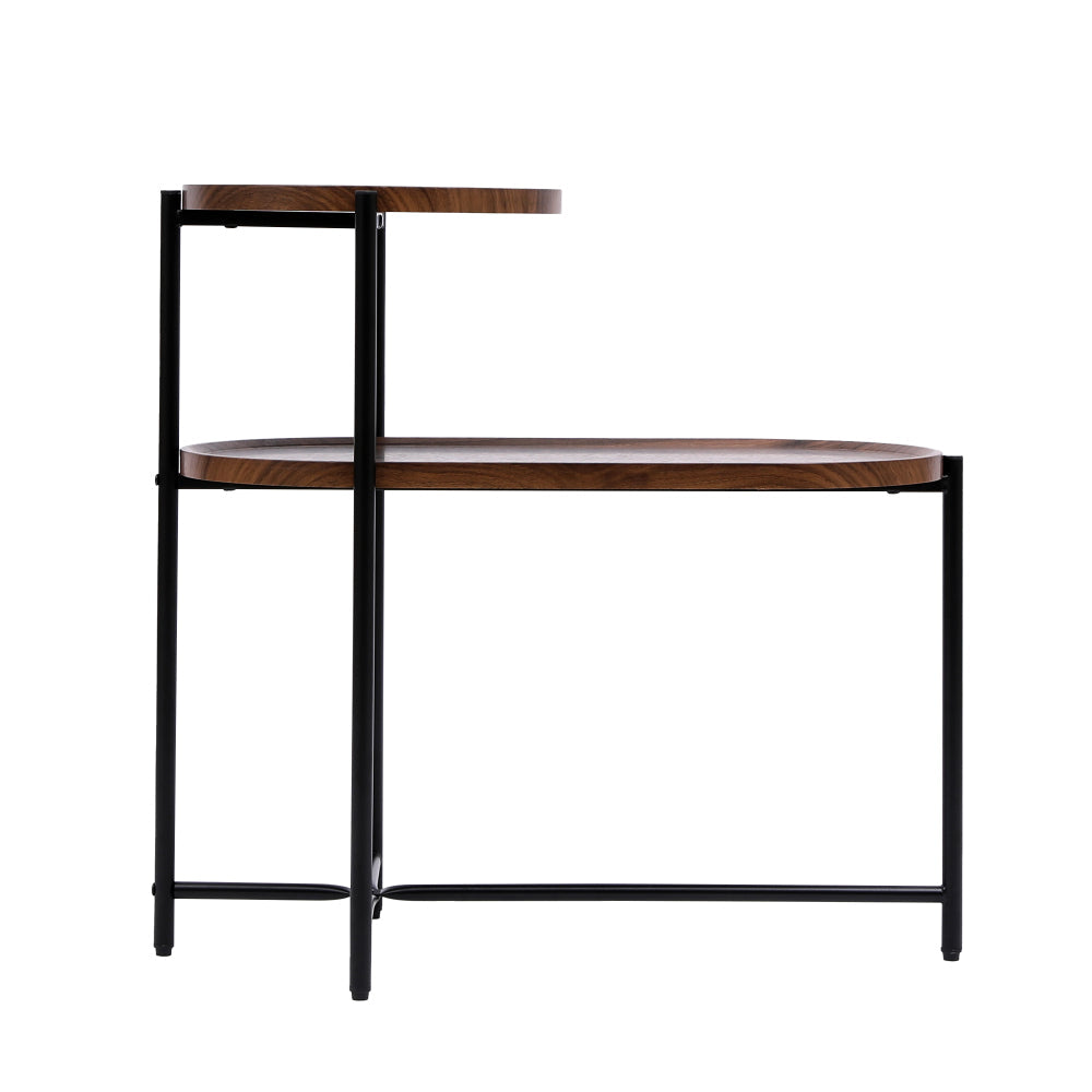 2-Tier Oval Coffee Table with Wood Storage Shelves | Modern Metal Frame Side Table, Walnut Brown