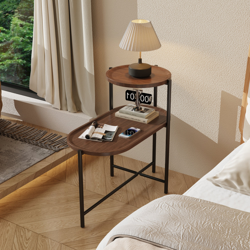 2-Tier Oval Coffee Table with Wood Storage Shelves | Modern Metal Frame Side Table, Walnut Brown