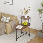 2-Tier Oval Coffee Table with Wood Storage Shelves | Modern Metal Frame Side Table, Walnut Brown
