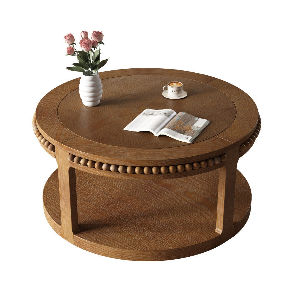 31.5" Round Solid Wood Coffee Table — Two-Tier Shelf, Natural Finish