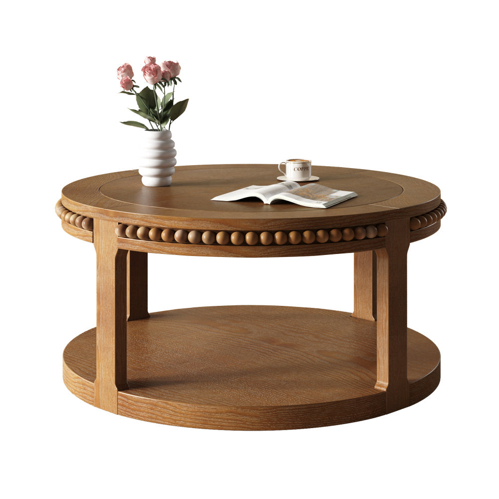 31.5" Round Solid Wood Coffee Table — Two-Tier Shelf, Natural Finish