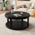 31.5" Round Solid Wood Coffee Table — Two-Tier Shelf, Natural Finish