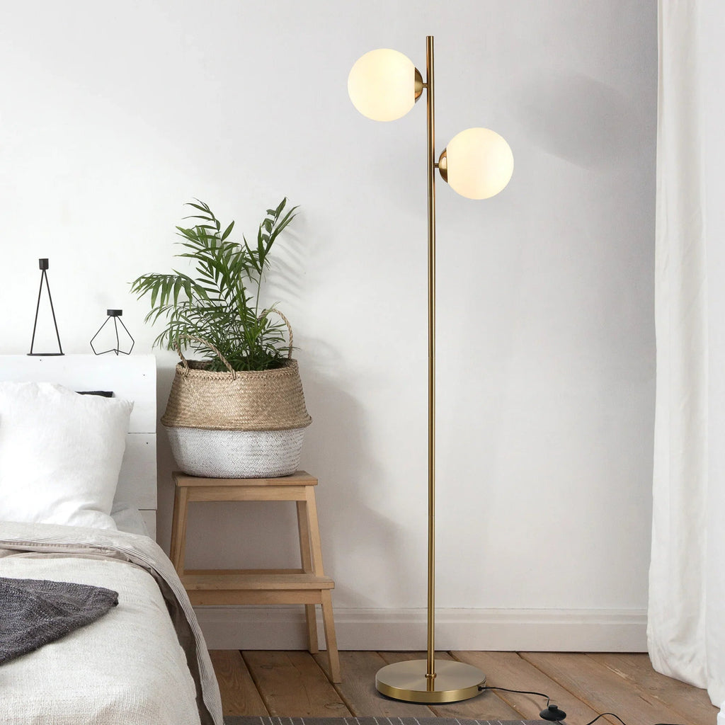 Modern Double Globe Floor Lamp – White Glass Shades, Gold Metal Stand & Foot Switch | Living Room & Bedroom
