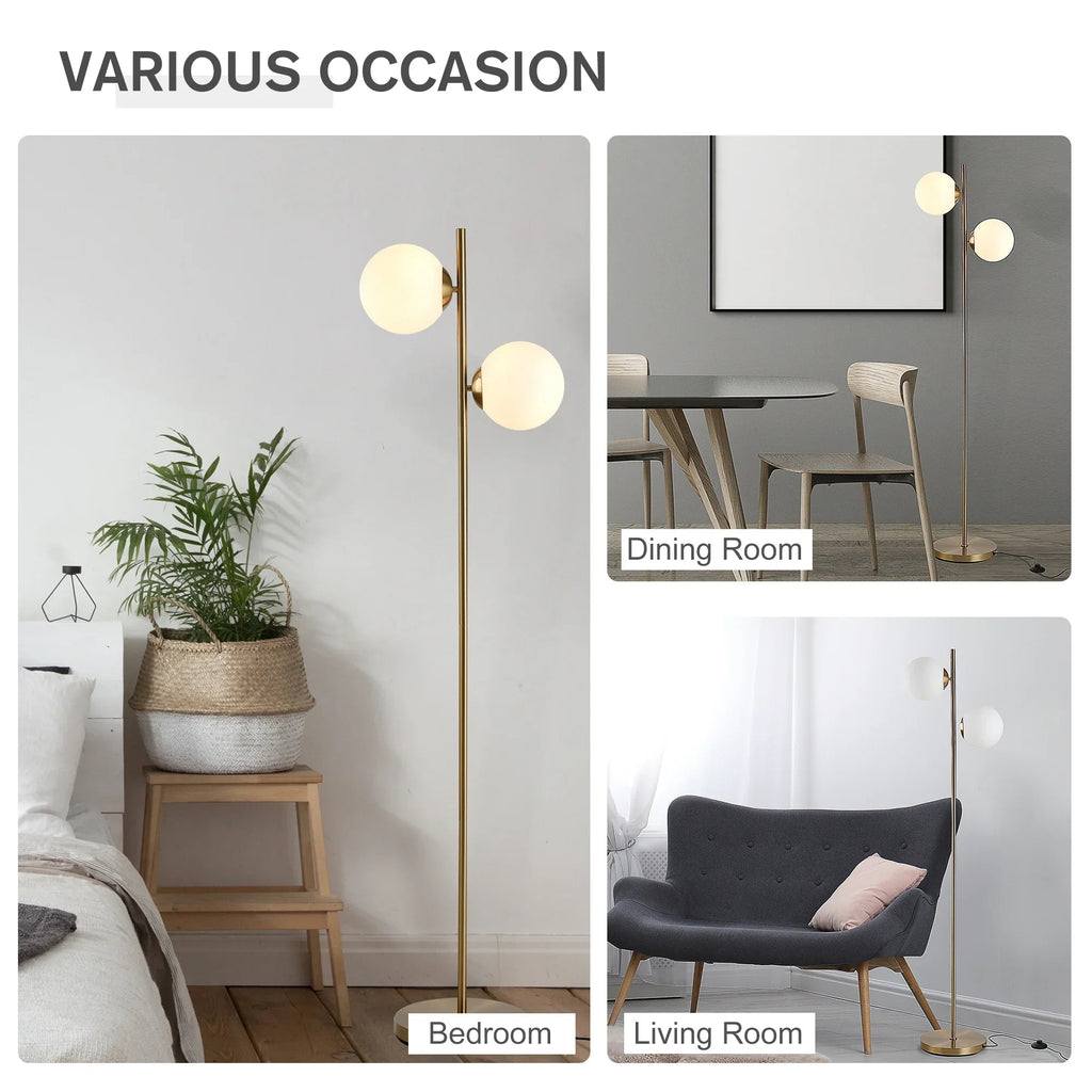 Modern Double Globe Floor Lamp – White Glass Shades, Gold Metal Stand & Foot Switch | Living Room & Bedroom