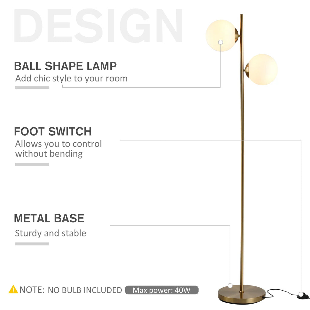 Modern Double Globe Floor Lamp – White Glass Shades, Gold Metal Stand & Foot Switch | Living Room & Bedroom
