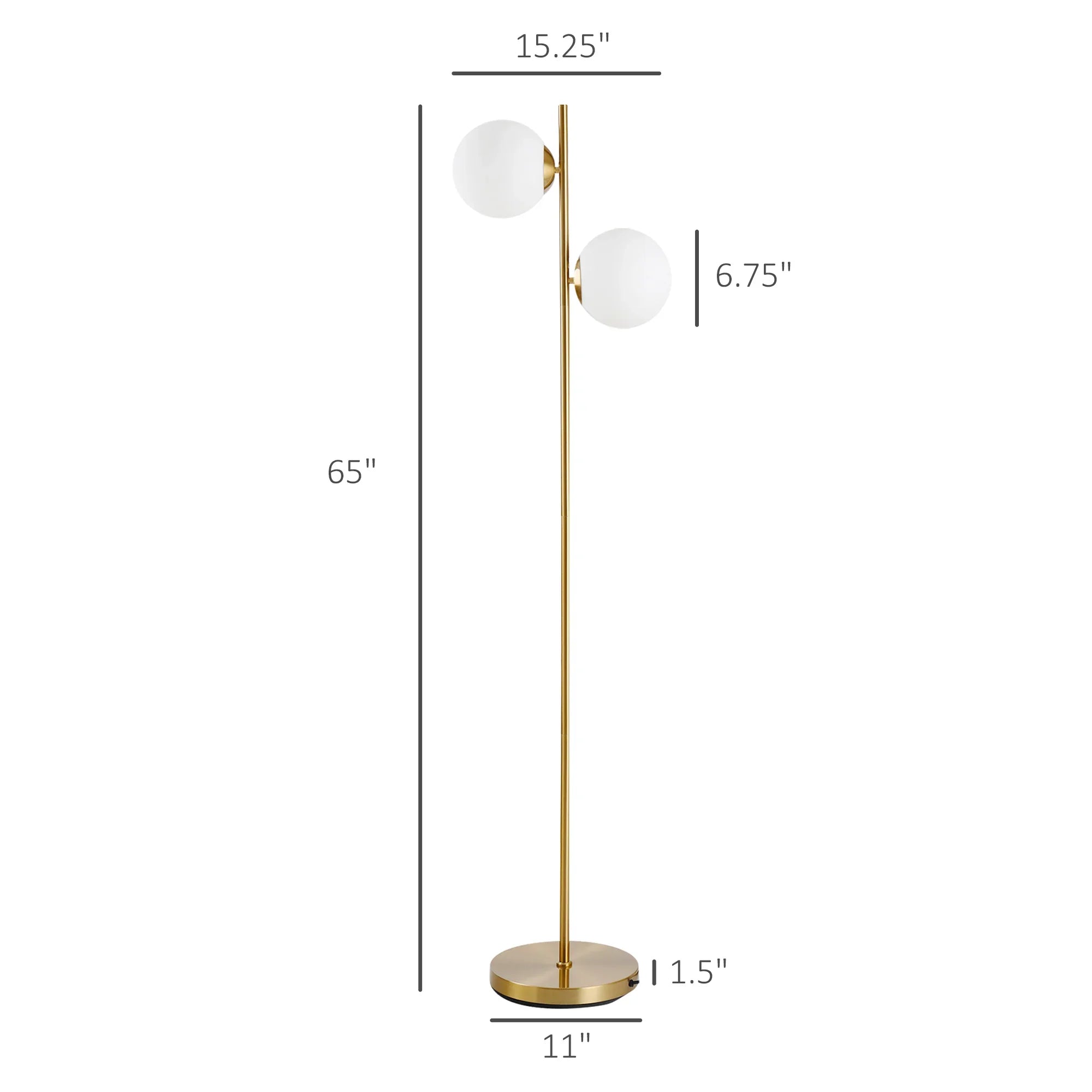 Modern Double Globe Floor Lamp – White Glass Shades, Gold Metal Stand & Foot Switch | Living Room & Bedroom