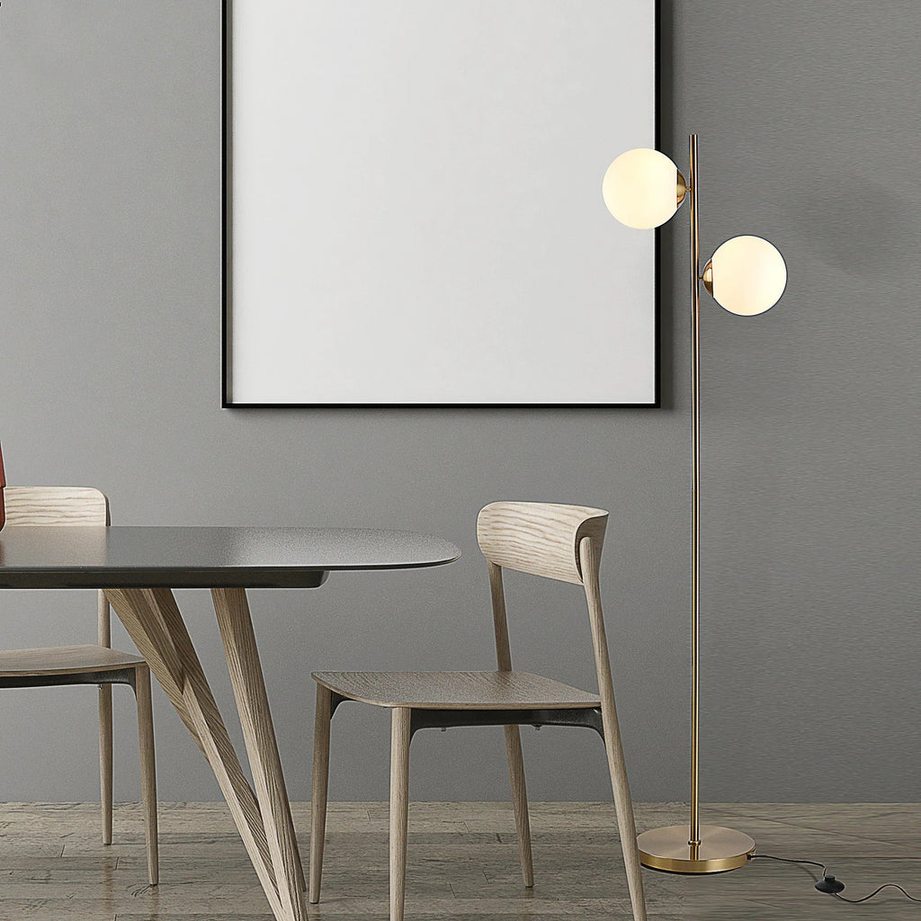 Modern Double Globe Floor Lamp – White Glass Shades, Gold Metal Stand & Foot Switch | Living Room & Bedroom
