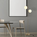 Modern Double Globe Floor Lamp – White Glass Shades, Gold Metal Stand & Foot Switch | Living Room & Bedroom