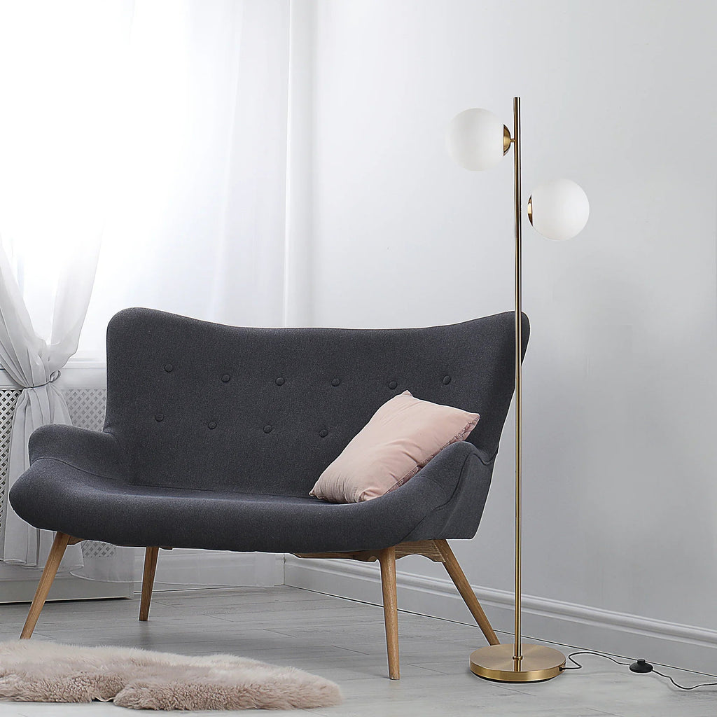 Modern Double Globe Floor Lamp – White Glass Shades, Gold Metal Stand & Foot Switch | Living Room & Bedroom