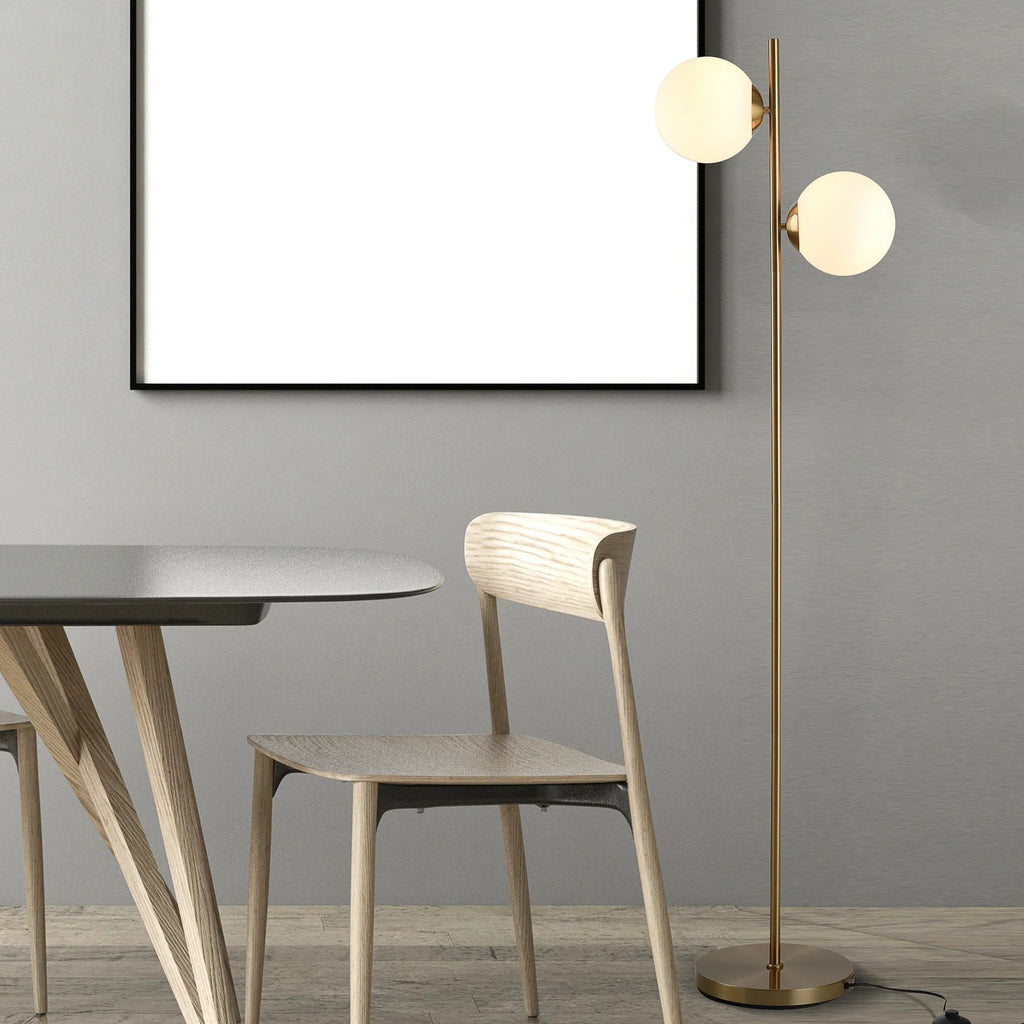 Modern Double Globe Floor Lamp – White Glass Shades, Gold Metal Stand & Foot Switch | Living Room & Bedroom