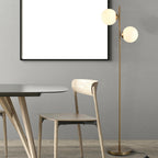 Modern Double Globe Floor Lamp – White Glass Shades, Gold Metal Stand & Foot Switch | Living Room & Bedroom