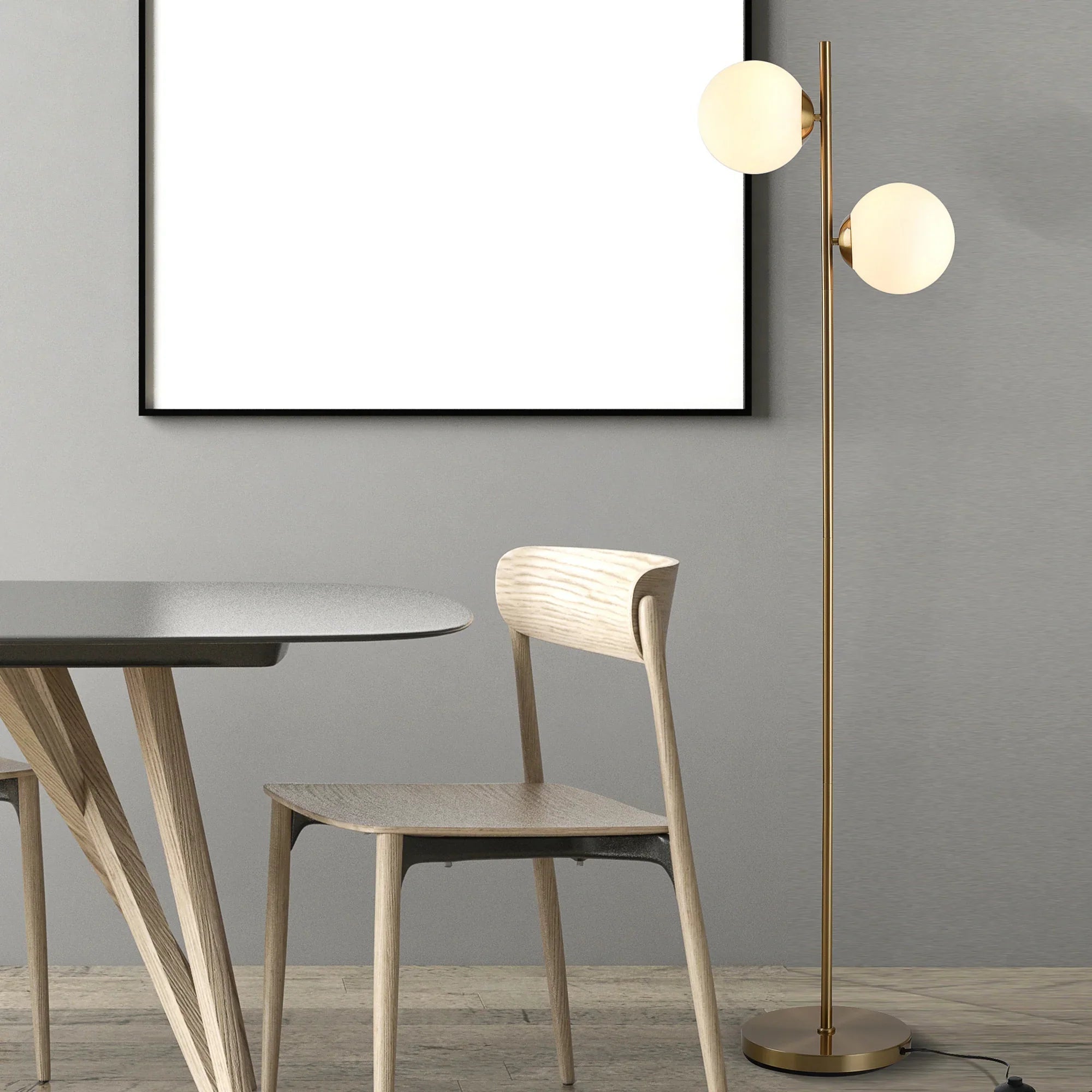 Modern Double Globe Floor Lamp – White Glass Shades, Gold Metal Stand & Foot Switch | Living Room & Bedroom