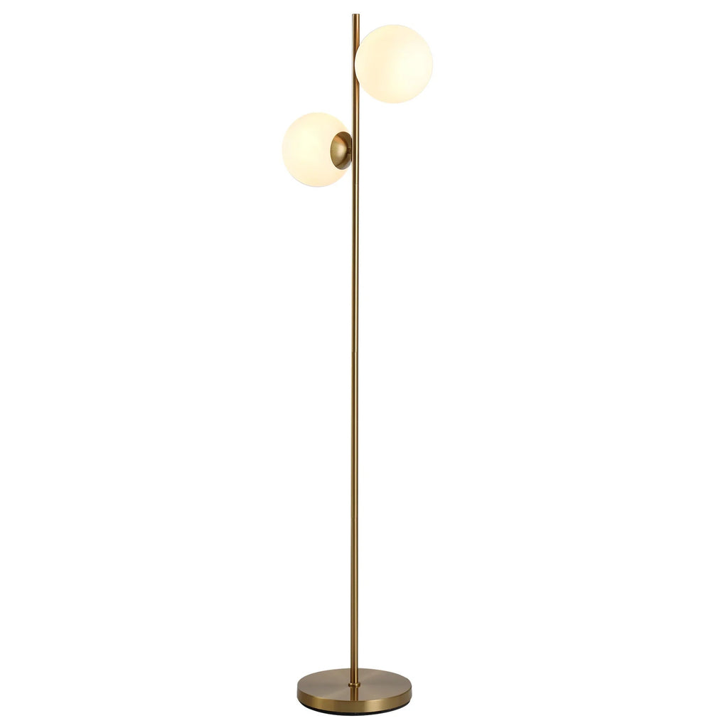 Modern Double Globe Floor Lamp – White Glass Shades, Gold Metal Stand & Foot Switch | Living Room & Bedroom