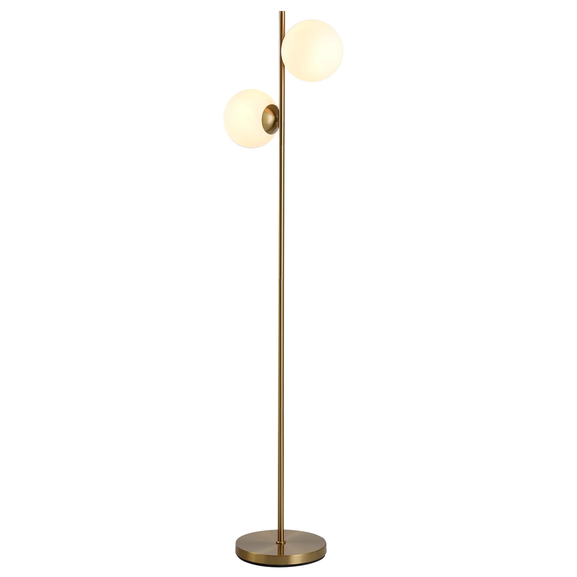 Modern Double Globe Floor Lamp – White Glass Shades, Gold Metal Stand & Foot Switch | Living Room & Bedroom