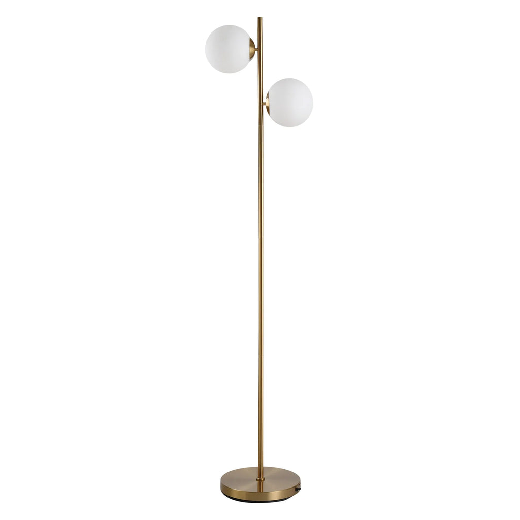 Modern Double Globe Floor Lamp – White Glass Shades, Gold Metal Stand & Foot Switch | Living Room & Bedroom
