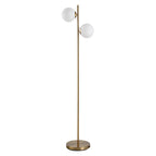 Modern Double Globe Floor Lamp – White Glass Shades, Gold Metal Stand & Foot Switch | Living Room & Bedroom