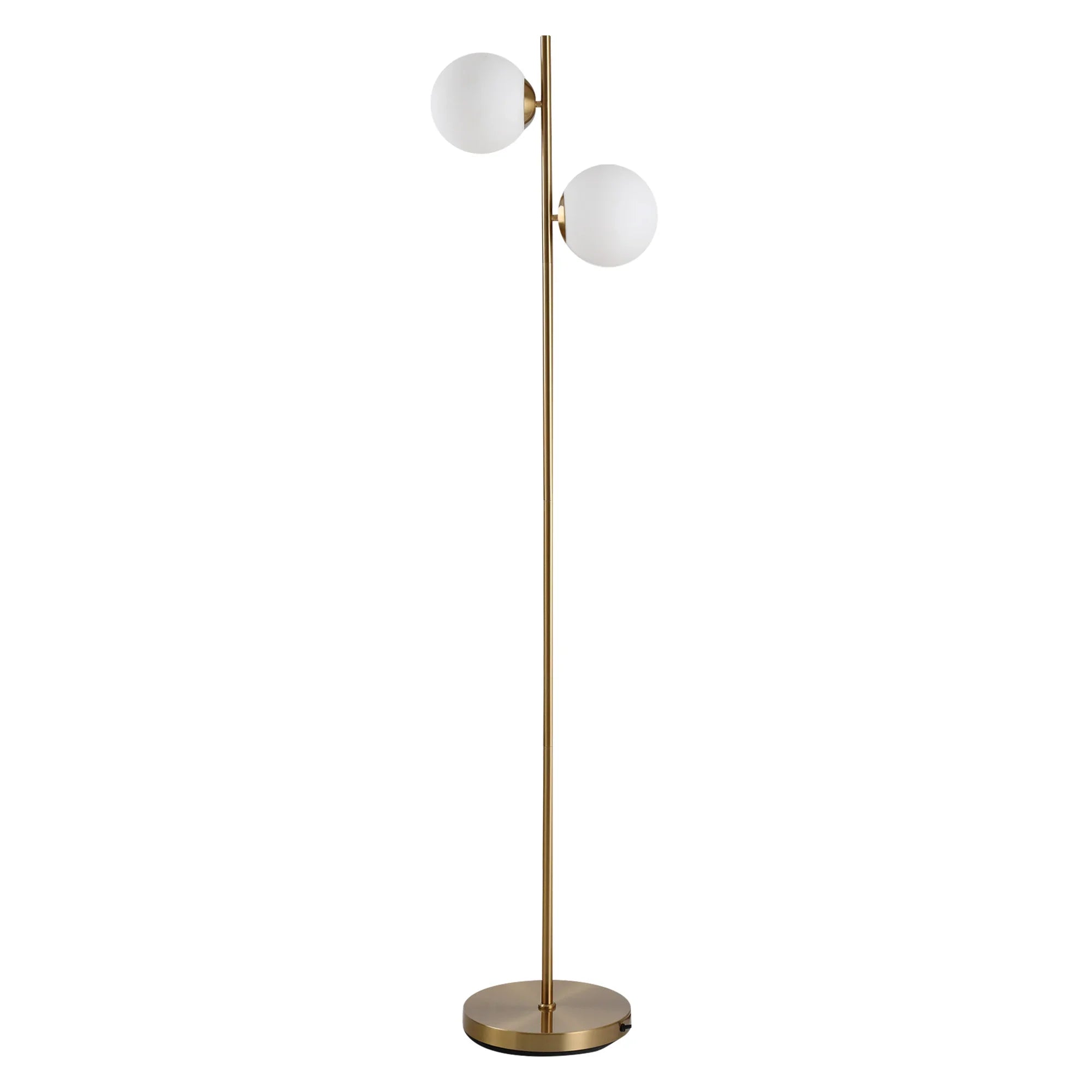 Modern Double Globe Floor Lamp – White Glass Shades, Gold Metal Stand & Foot Switch | Living Room & Bedroom