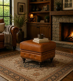 Belgravia Classic Top Grain Leather Ottoman with Button Tufting and Brass Nail head Trim