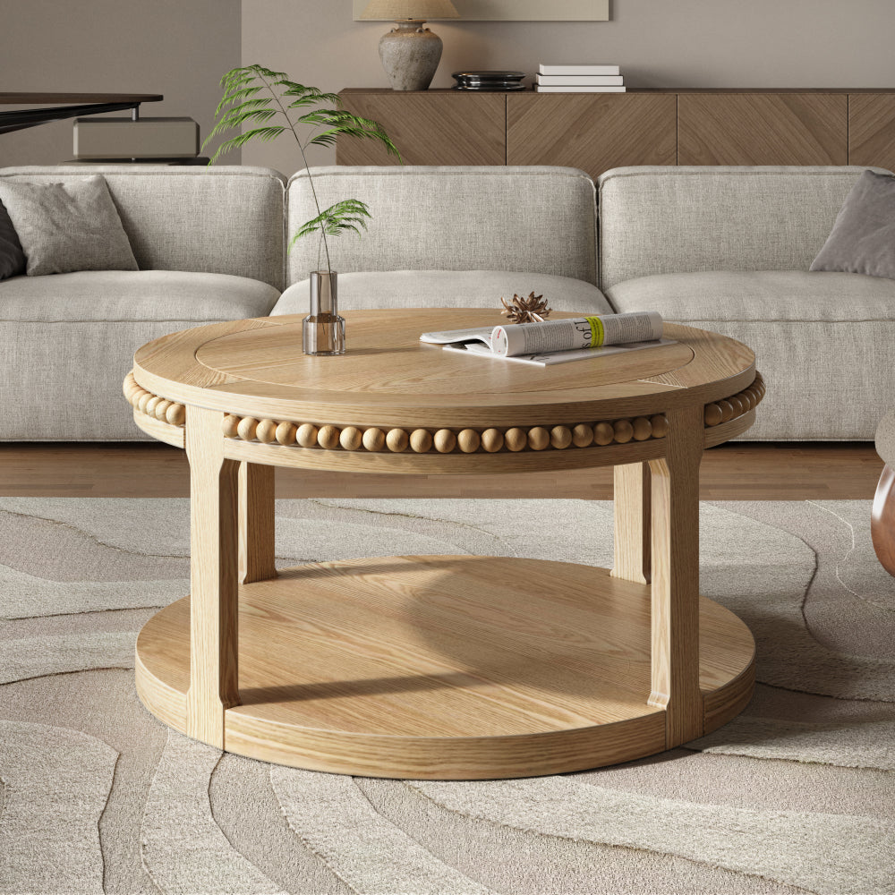 31.5" Round Solid Wood Coffee Table — Two-Tier Shelf, Natural Finish